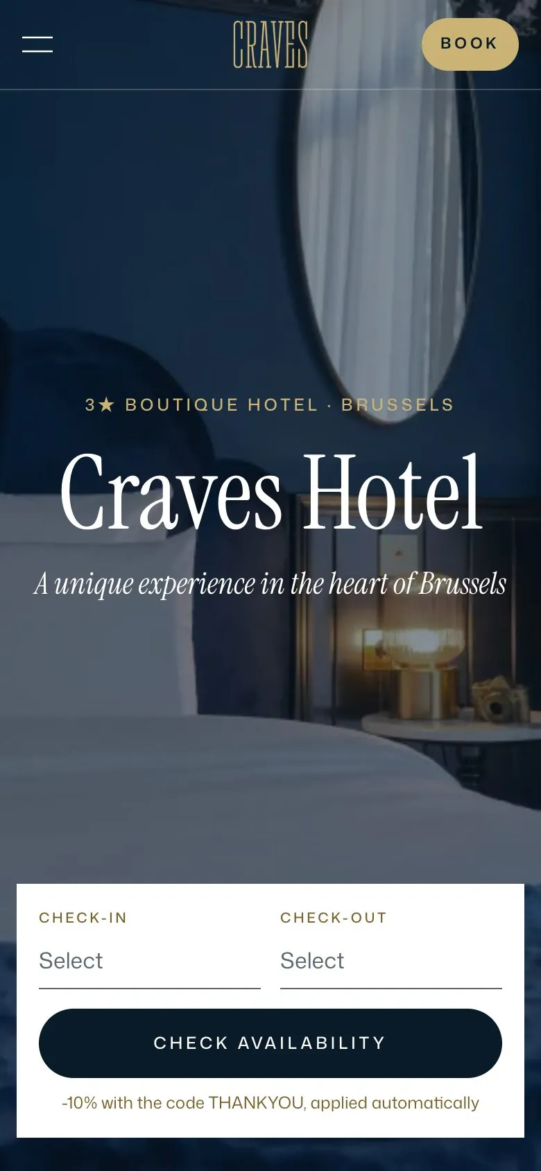The new Craves Hotel website on a smartphone, with the availability search on the first screen